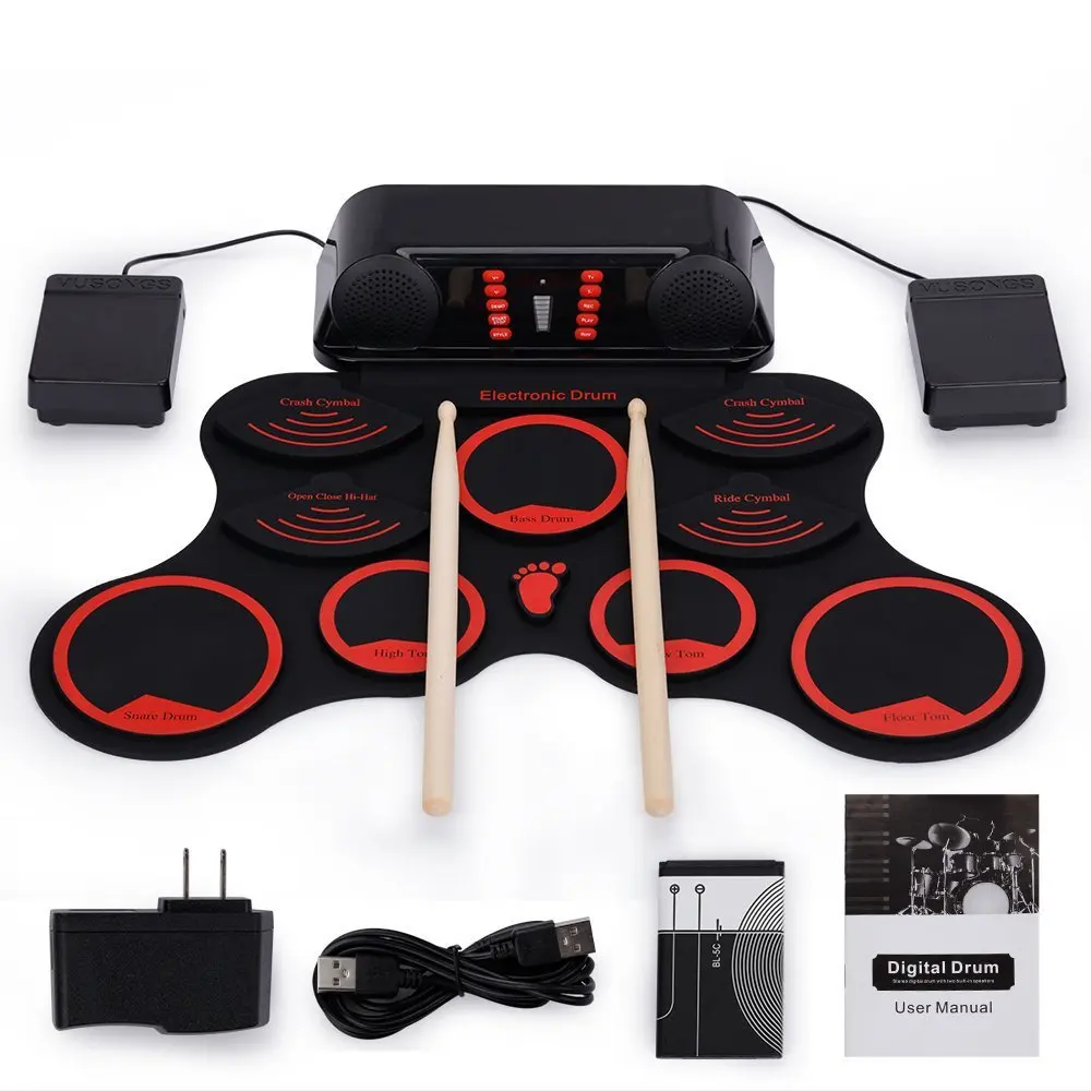 Новый 9 кремния колодки Портативный Электронный Roll Up Drum комплект с палками педали