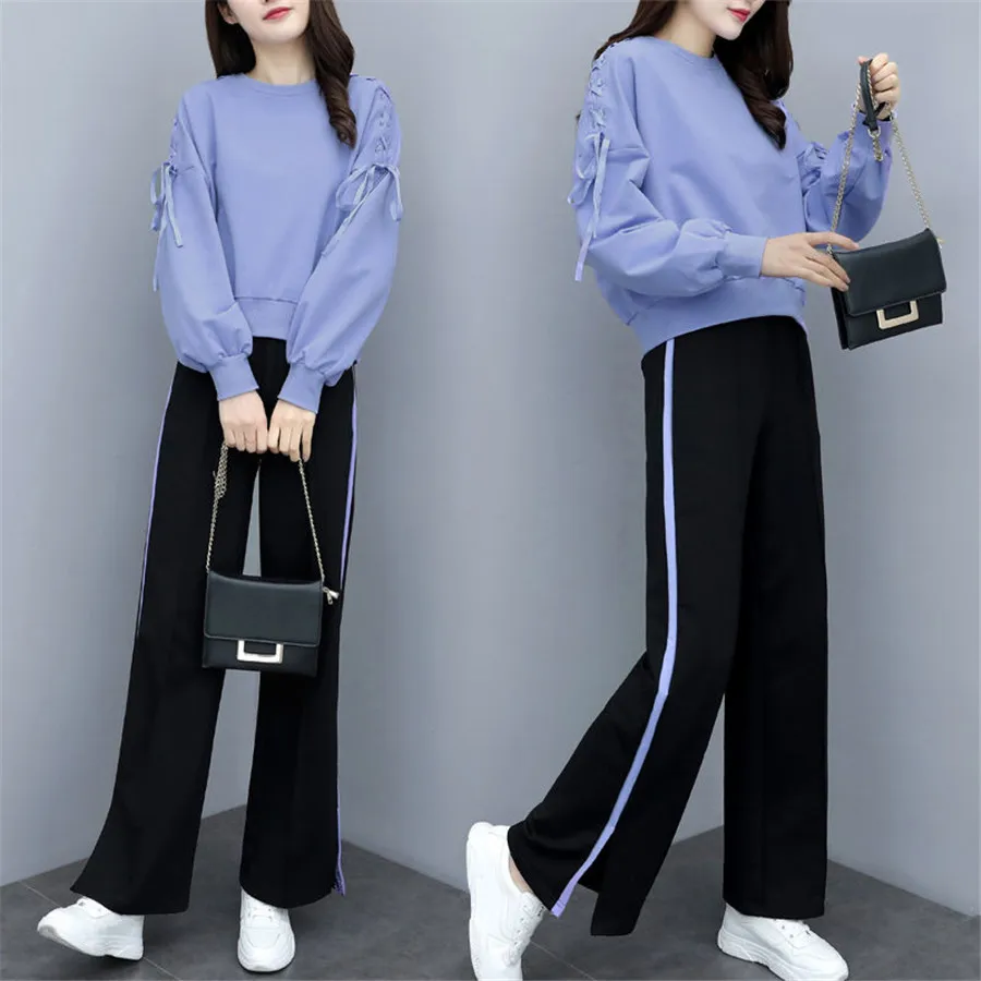 

Solid Color Two Piece Set 2021spring New Fashion Women's Tracksuits 2 Colors Chiffon Pullover + Wide Leg Pants Two-piece S-XXL