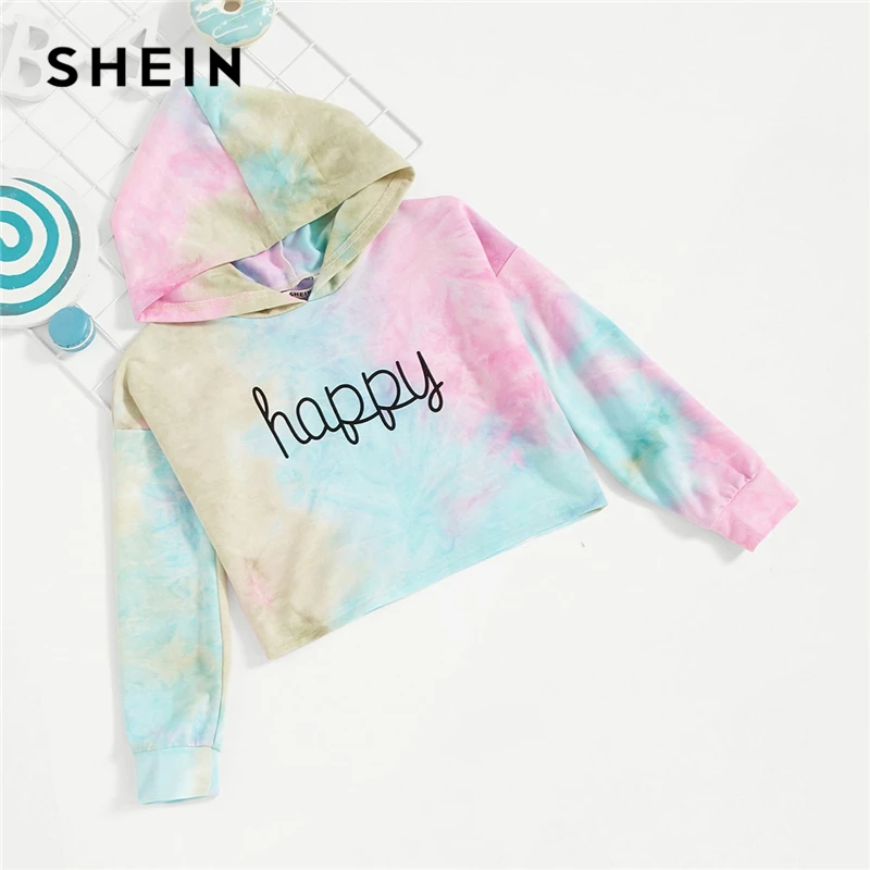 SHEIN/милые толстовки для девочек с надписью «Happy Print Tie Dye», топы для девочек, г. Весенние корейские модные толстовки с длинными рукавами для девочек