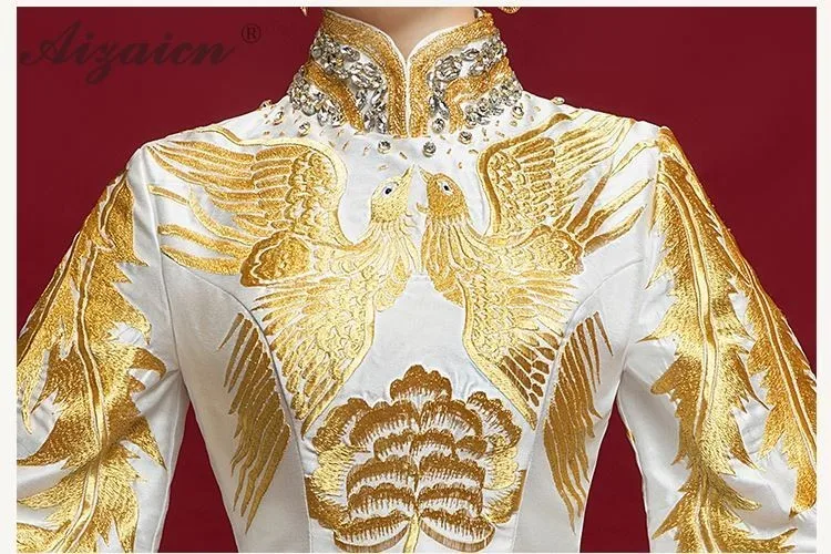 Роскошное китайское вечернее платье с вышивкой Cheongsam,, модное китайское платье с рукавами-колокольчиками и Фениксом, Ципао, современный Восточный стиль, белые платья
