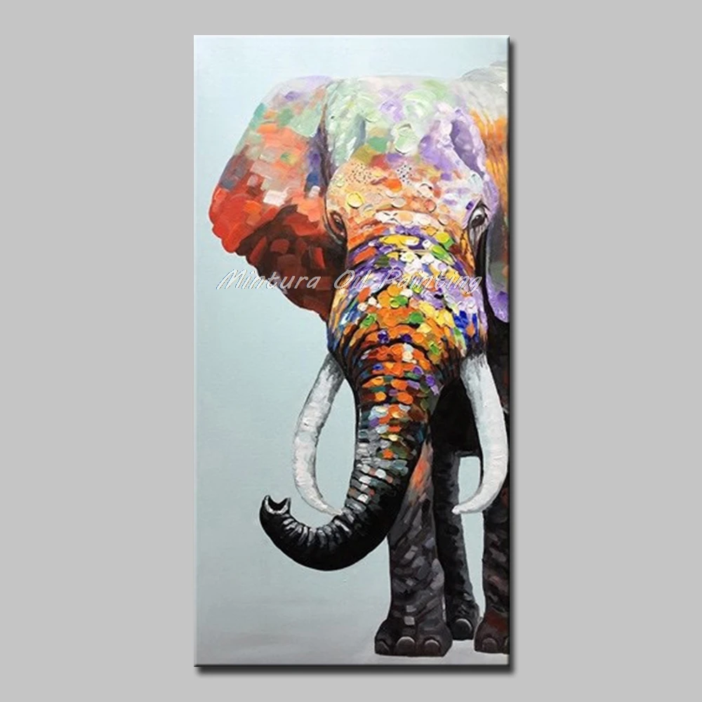 

Mintura Oil Paintings on Canvas Handmade An Elephant With A Colorful Nose Wall Pictures for Living Room Animal Picture No Framed
