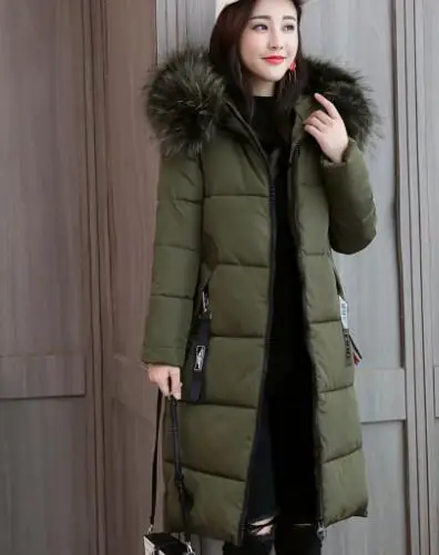 Корейская длинная хлопковая куртка с меховым воротником, 6XL размера плюс, однотонная теплая верхняя одежда, зимнее пальто для женщин, Толстая Женская парка с капюшоном AA70 - Цвет: Армейский зеленый
