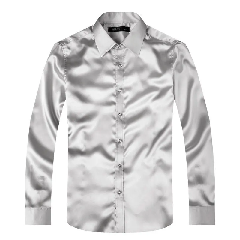 Мужские серебряные формальные повседневные рубашки Slim Fit жениха/жениха атласная