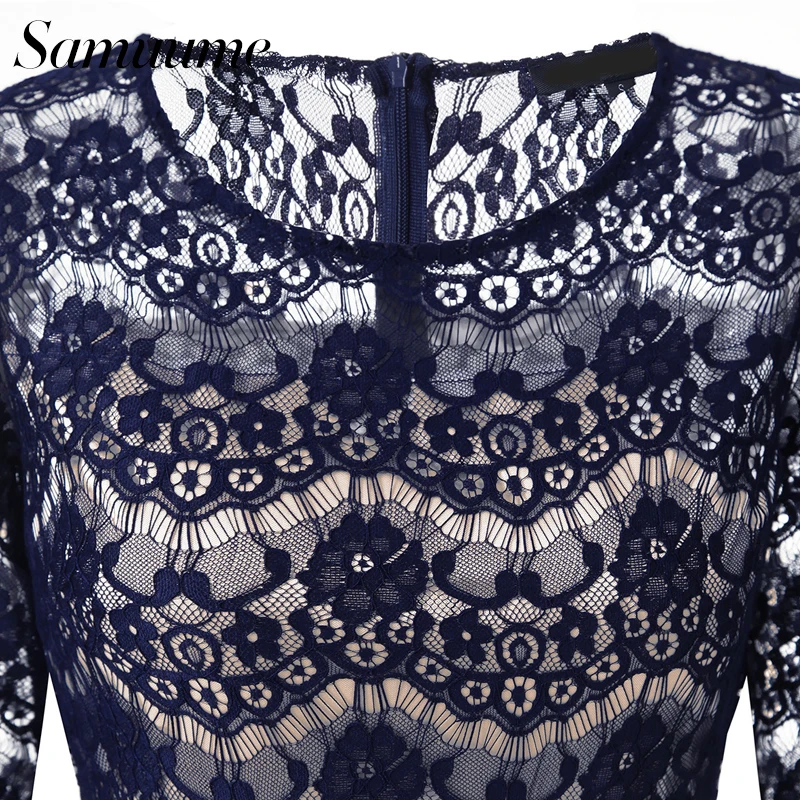 Samuume New Arrival Elegant Women Lace Midi Dresses Three Quarter Patchwork Hollow Out Sheath Wrap Party Dress D1801355 | Женская одежда