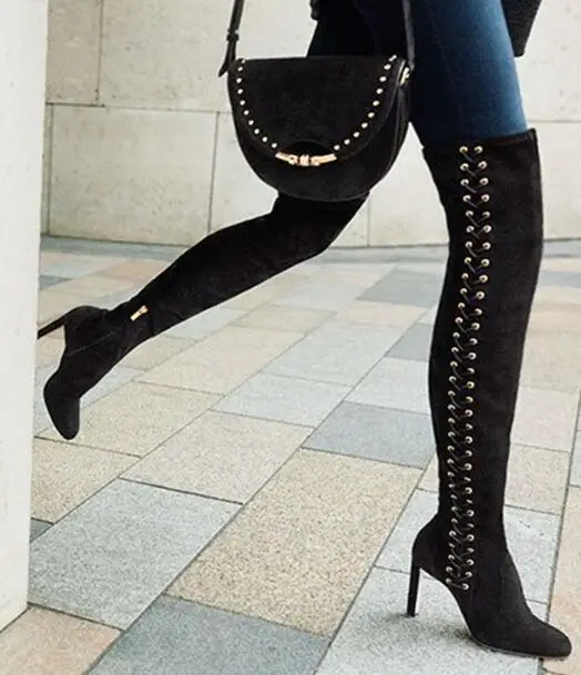 

Linamong 2018 New Winter Brand Women Solid Black Lace Up Zip Side Pointed Toe Thigh Over The Knee High Thin Heels Long Boots
