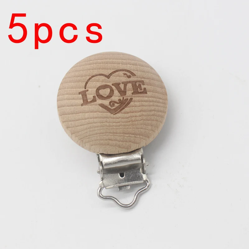 

5pcs Engraved Beech Wood Nipple Clip Holder Baby Love Letter Pattern Pacifier Clip Dummy Holder Clips 35mm