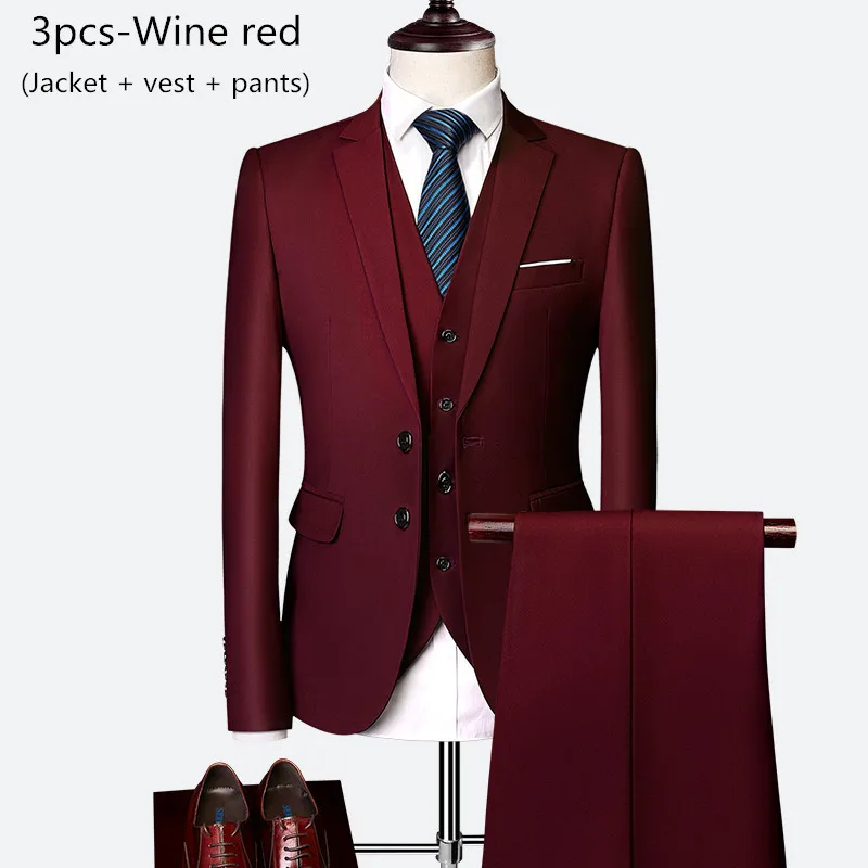 3pcs-Wine red Деловой мужской костюм, костюм из 3 предметов, Мужской Блейзер+ жилет+ брюки, Свадебный костюм жениха на заказ, большие размеры, M-6XL, высококачественные костюмы - Цвет: 3pcs-Wine red