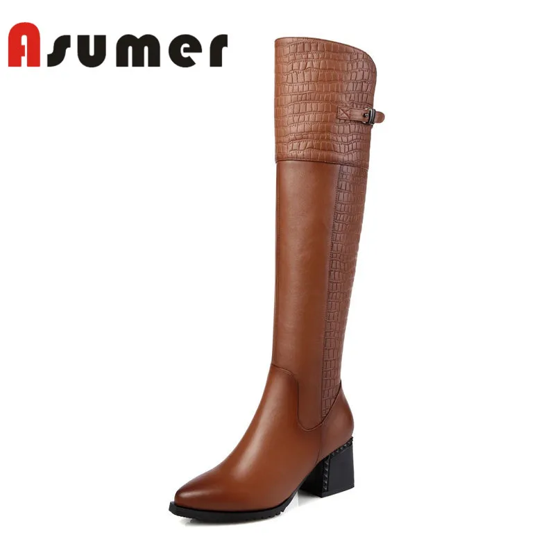 

Женские сапоги до колена ASUMER, с острым носком, на толстом каблуке, с пряжкой, зимние сапоги из натуральной кожи, 2022