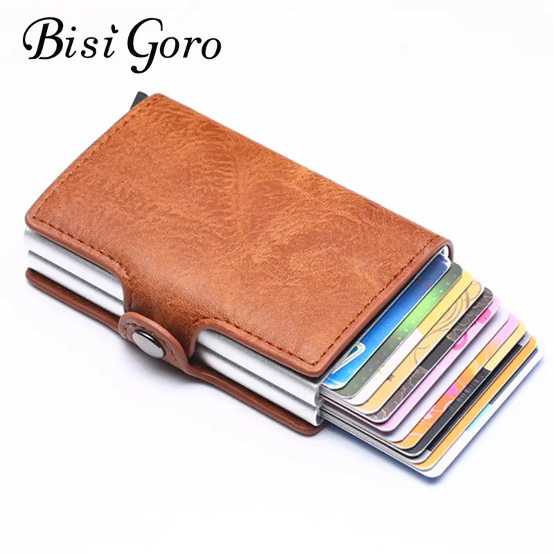 Bisi Goro, умный кошелек для мужчин, Ретро стиль, RFID, алюминиевый сплав, держатель для карт, противоугонная кисть, наборы банковских карт, женский короткий кошелек