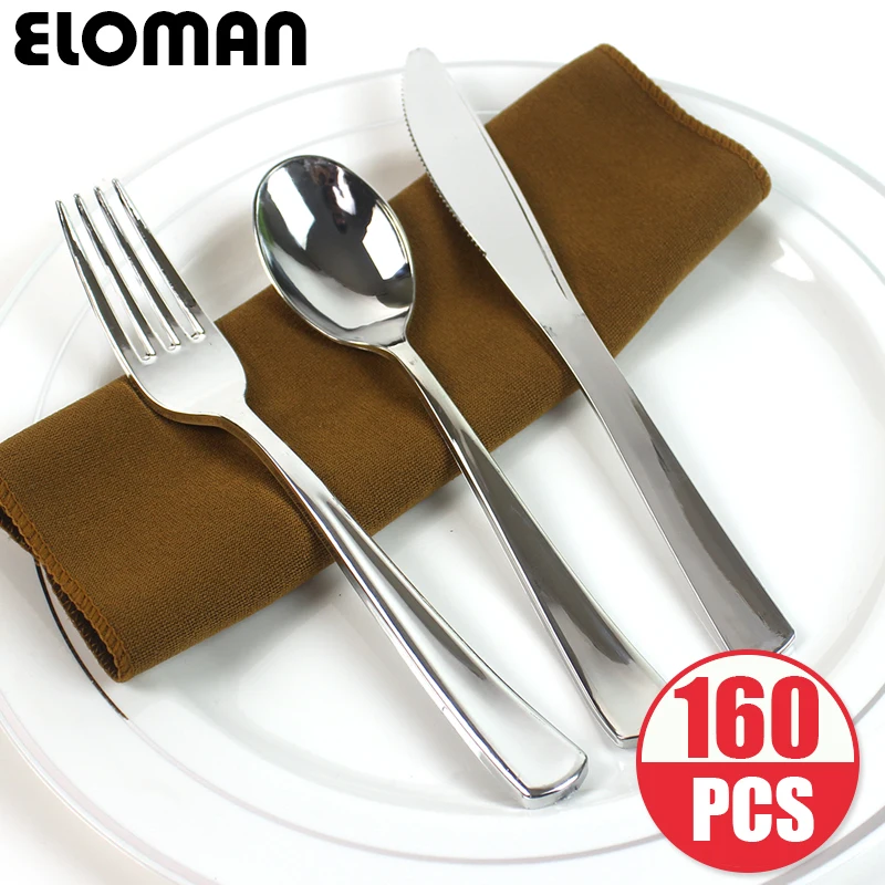 

ELOMAN 160PCS Heavyweight Sliver wedding Disposable Plastic tableware sets ,For Birthday party plastic forks spoons knife