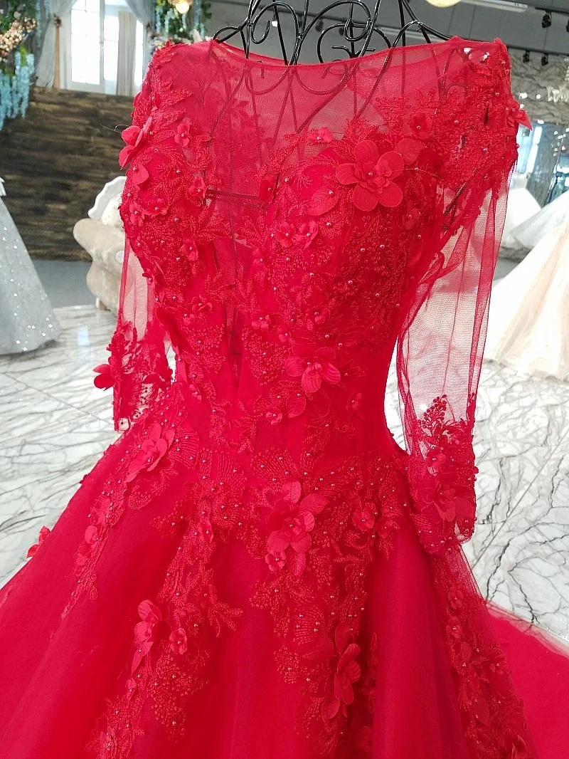 Красное платье для свадьбы 2018 кружевное бальное с круглым вырезом и