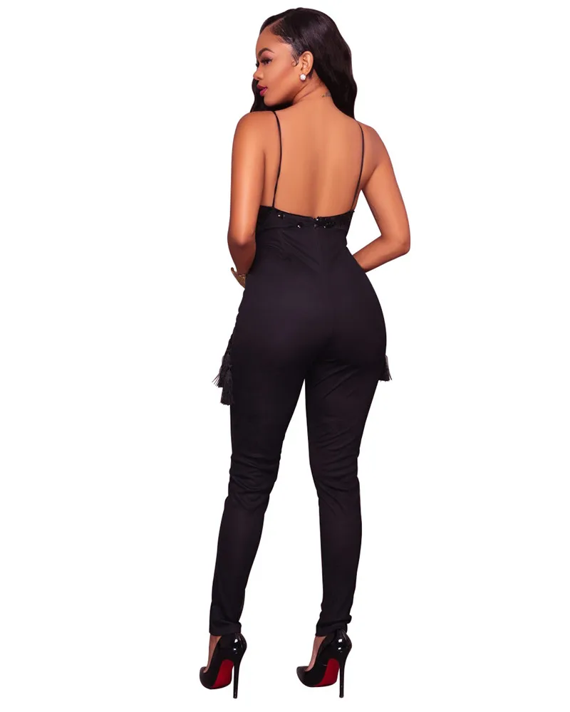 Женский Блестящий Комбинезон с V образным вырезом и открытой спиной|sequined jumpsuit and