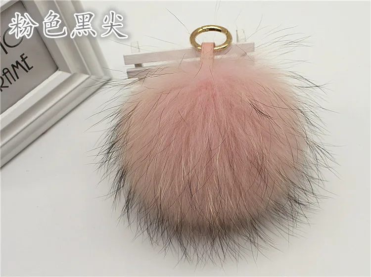 pink leather strap Пушистый шар из натурального Лисьего меха большой 15 см помпоны натуральный мех помпон кожаный ремешок брелок кольцо подвеска для женщин Шарм f278 - Цвет: pink leather strap