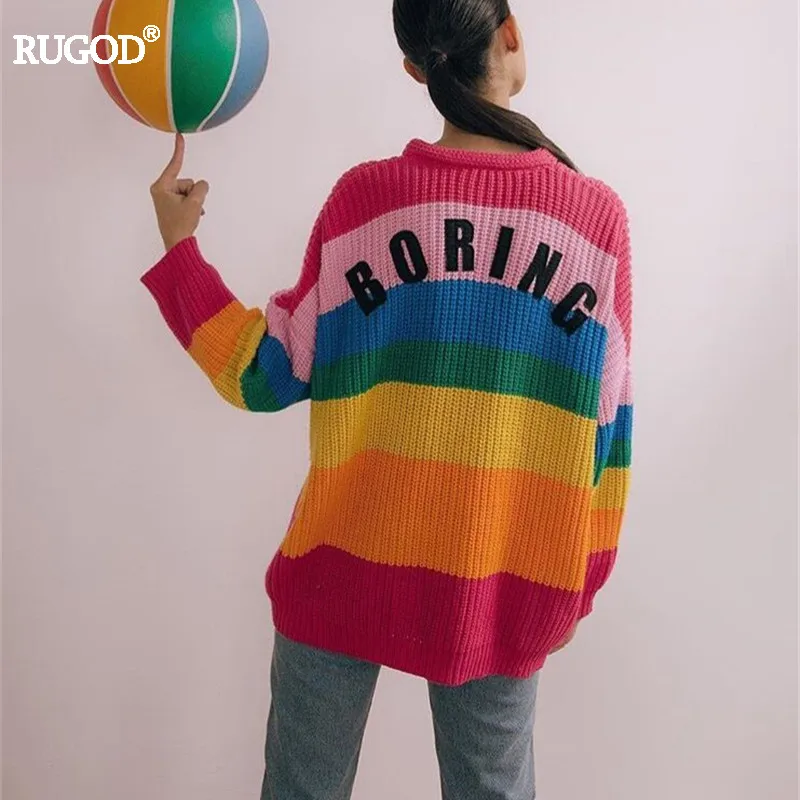 Rugod 2019 Rainbow Cardigan Women Sweater Loose Letter Print Knitted Tops Femme Brand Casual Poncho Open Stitch |