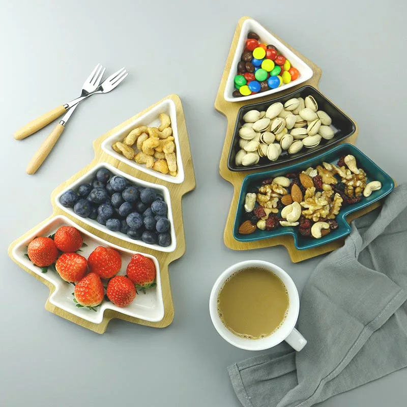 Ceramic Plate Food Tray Wood Stand Christmas Tree Shape Flat Dish Creative Decoration Container Sushi Assiette | Дом и сад