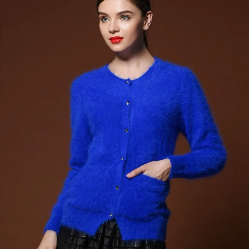 Autumn Winter Fashion Women Mink Cashmere Cardigan Sweater Female O-neck Knitted Long haired mink cashmere sweater tops |