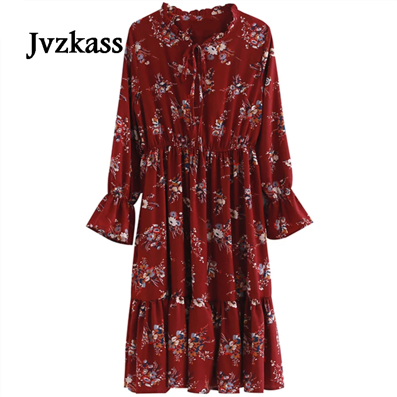 Женское платье Jvzkass красное с длинным рукавом и цветочным принтом большие