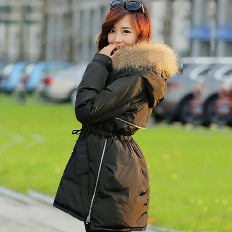 Парка женская длинная теплая из натурального меха енота большого размера 2019|jacket