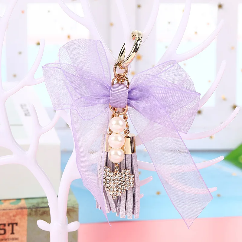 New Crystal bowknot Keychain Woman Tassel pearl Key Chain Bow Ring Women Bag Car Pendant Jewelry Gifts trinket | Украшения и