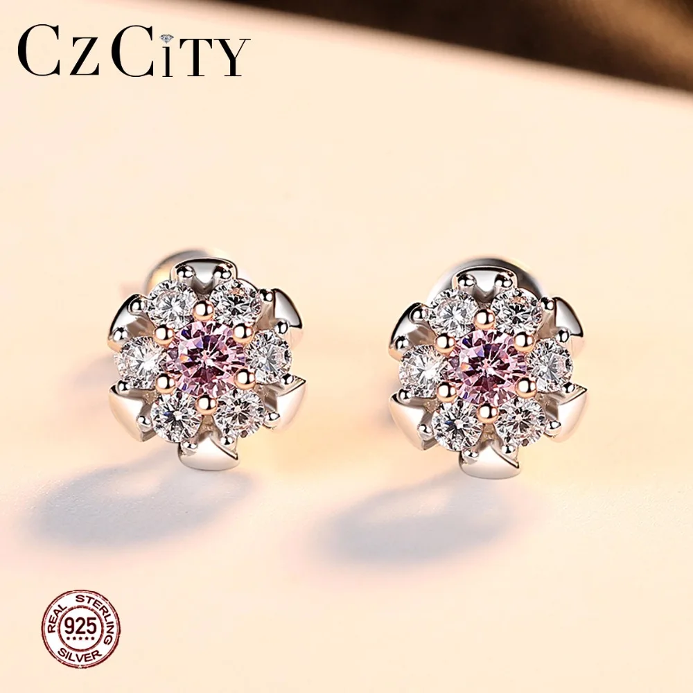CZCITY реальные 925 стерлингового серебра розовый циркон серьги гвоздики в форме
