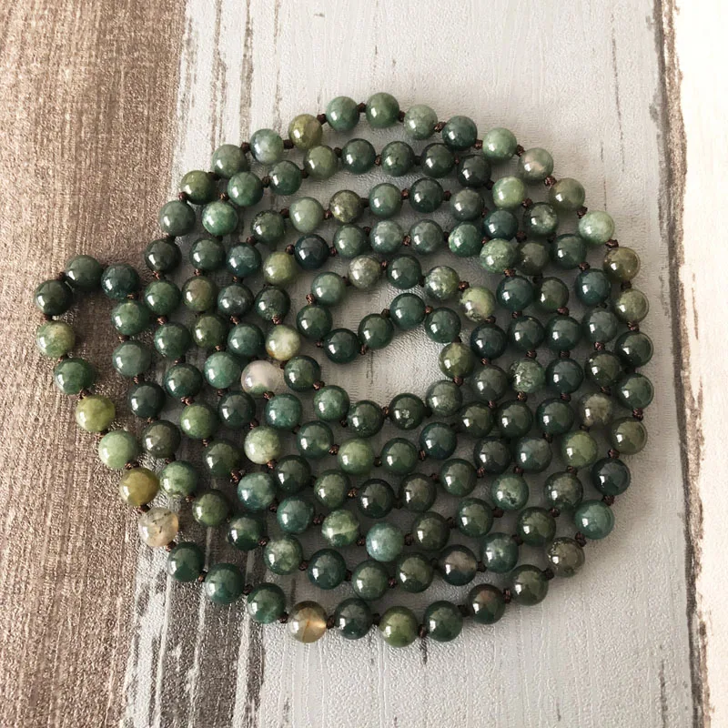 

30" 32" 36"40"42" 60"72" Moss A-gate Mala Necklaces 8mm Natural Seraphinite long Beaded Handmade Knotted Yoga Necklace