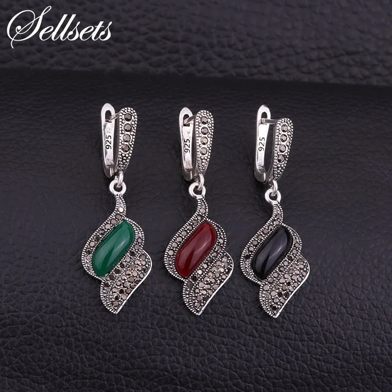 Женские винтажные серьги подвески Sellsets черные стразы из фианита и смолы античные