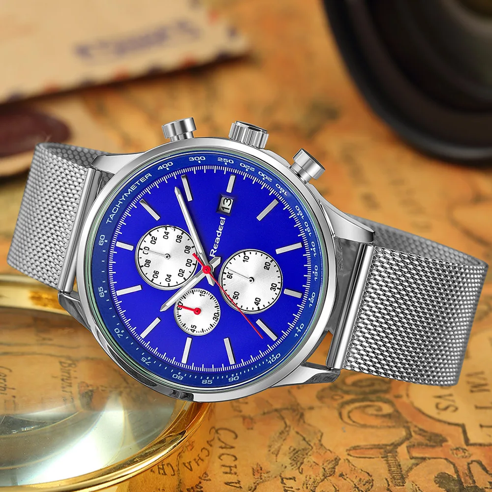 Часы мужские кварцевые с сетчатым браслетом светящиеся хронографом из