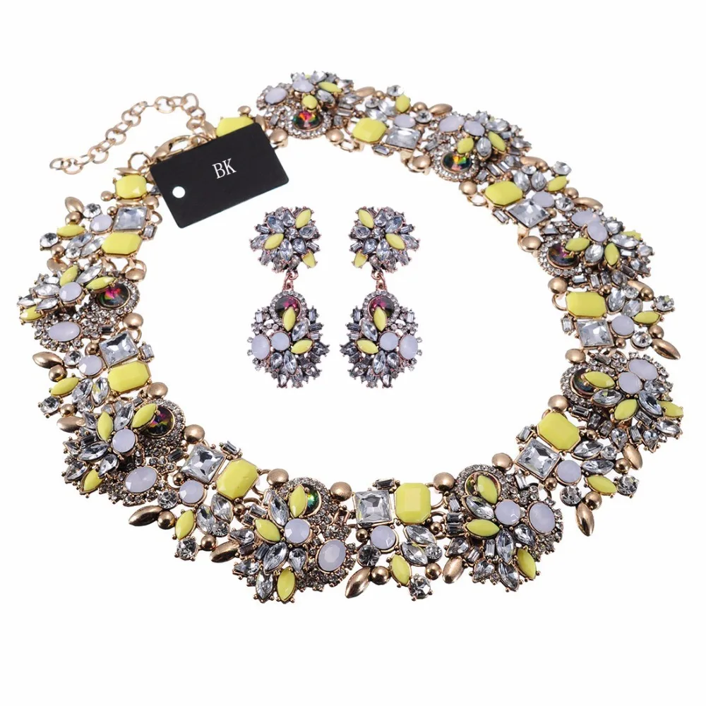 

BK Multicolor Fashion Silver Chain Resin Pearl Choker Statement Pendant Bib Necklace Earrings