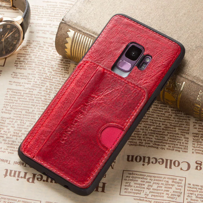Обувь из натуральной кожи с отделением для карт чехол для samsung Galaxy S9 подставка держатель чехол для samsung Galaxy S9 противоударный Для мужчин Бизнес задняя крышка - Цвет: 1002-red