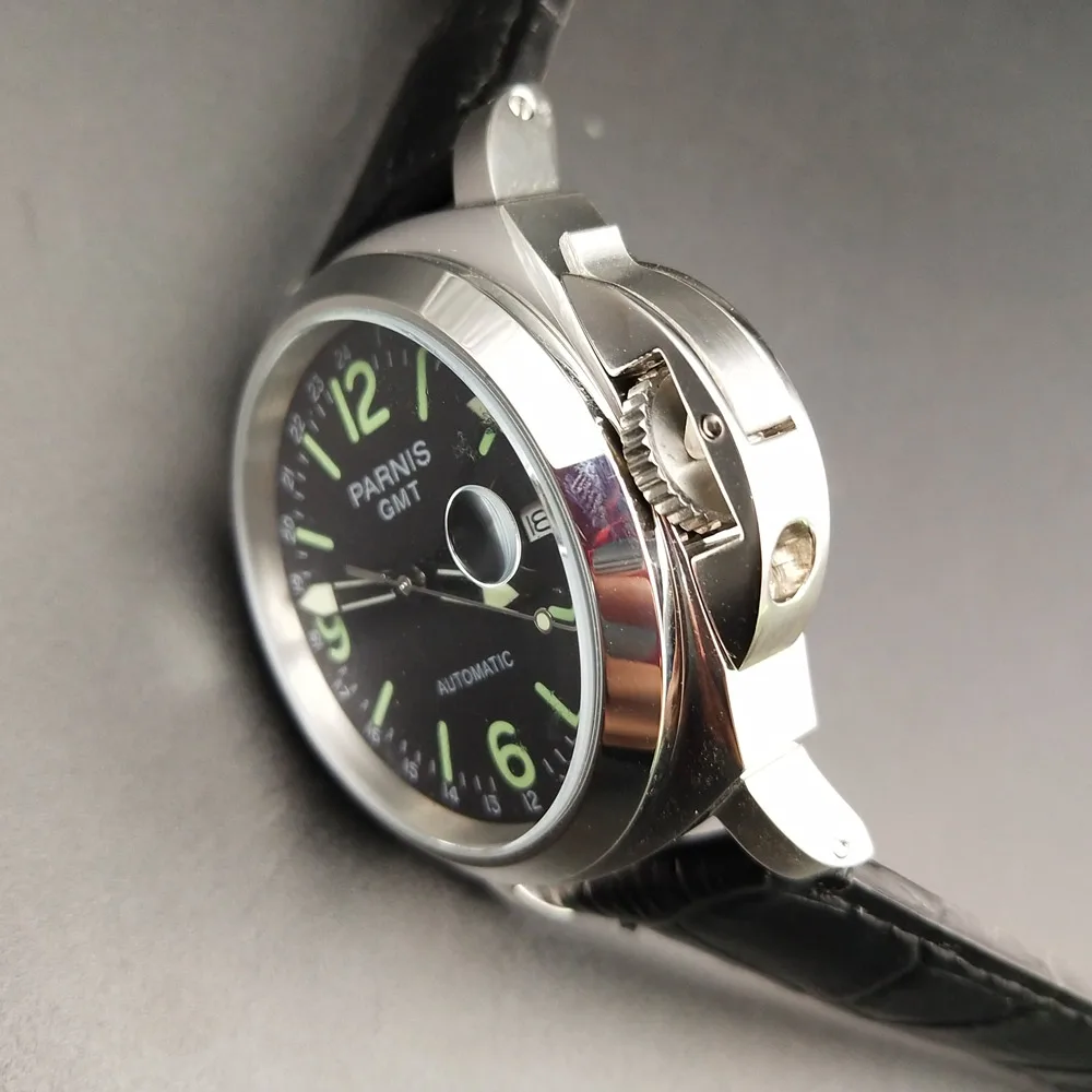Часы GMT parnis наручные часы с черным циферблатом автоматические 44 мм полированный