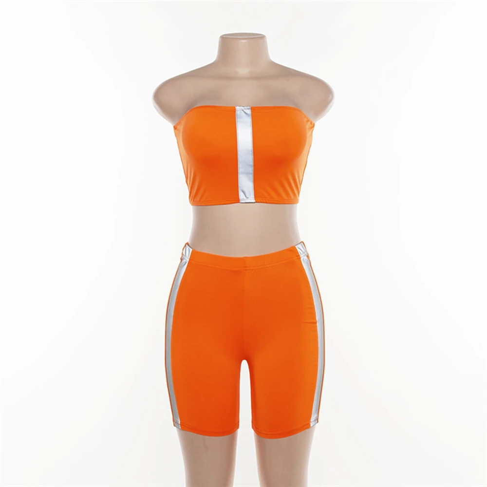 

Fitness Women's 2 Piece Matching Sets Outfits Reflective Tracksuits Tube Top Cropped Tops Bike Shorts Luminous Suits Sweatsuit