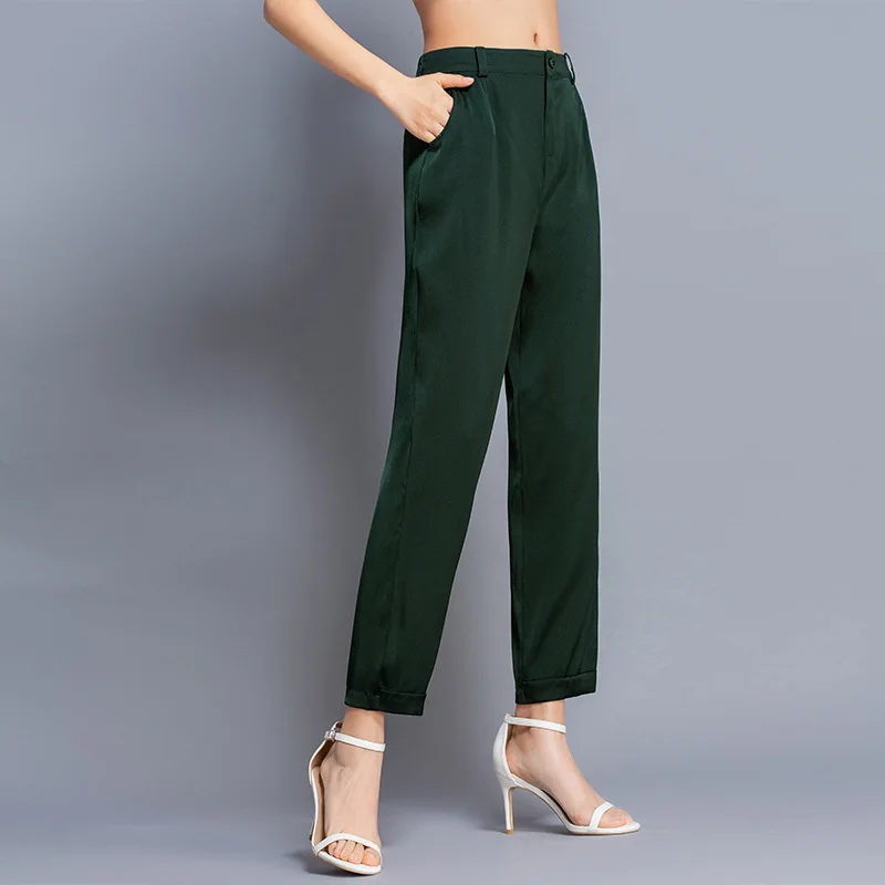 Blackish green Женские шелковые брюки, летние шелковые брюки большого размера по щиколотку, повседневные брюки с высокой талией, шелковые брюки-карандаш, женские летние 190326 - Цвет: Blackish green