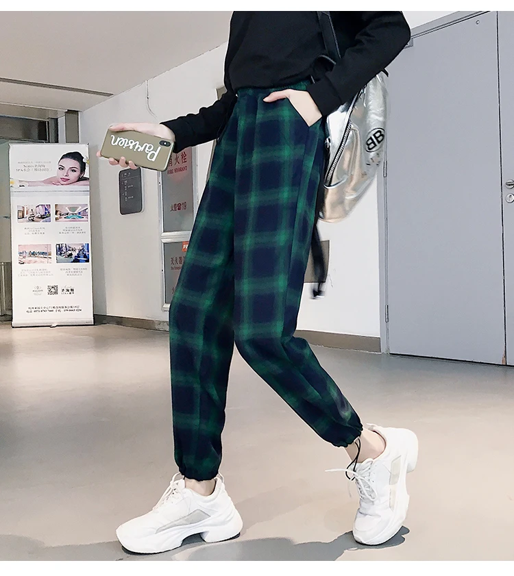 Jielur спортивные штаны женские клетчатые брюки женский корейский стиль Harajuku Boyfriends широкие брюки свободные винтажные зеленые клетчатые джоггеры женские эластичные талии