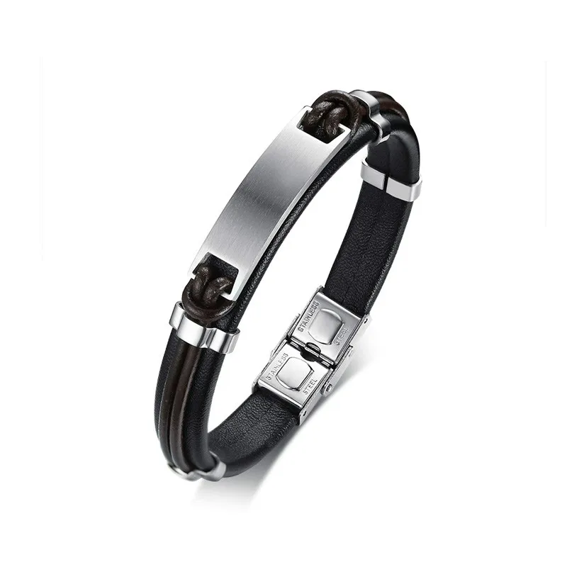 Lettering and laser personalized stainless steel ID bracelet men's handmade leather | Украшения и аксессуары