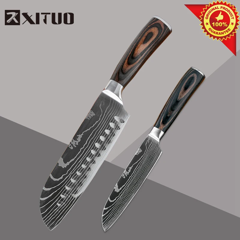 2PCS-2 XITUO кухонный нож японский нож набор для приготовления пищи " 5" " 8" дюймов+ лазерный дамасский узор для очистки овощей плод шеф-повара нож кухонный инструмент - Цвет: 2PCS-2