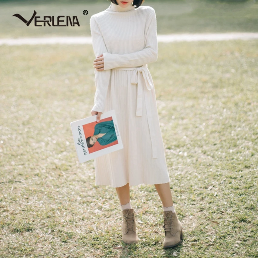 High Waist Roll Neck Rib Solid White Jumper Sweater Dress Elegant Women Long Sleeve Belt Spring Knitted VERLENA New 2019 | Женская