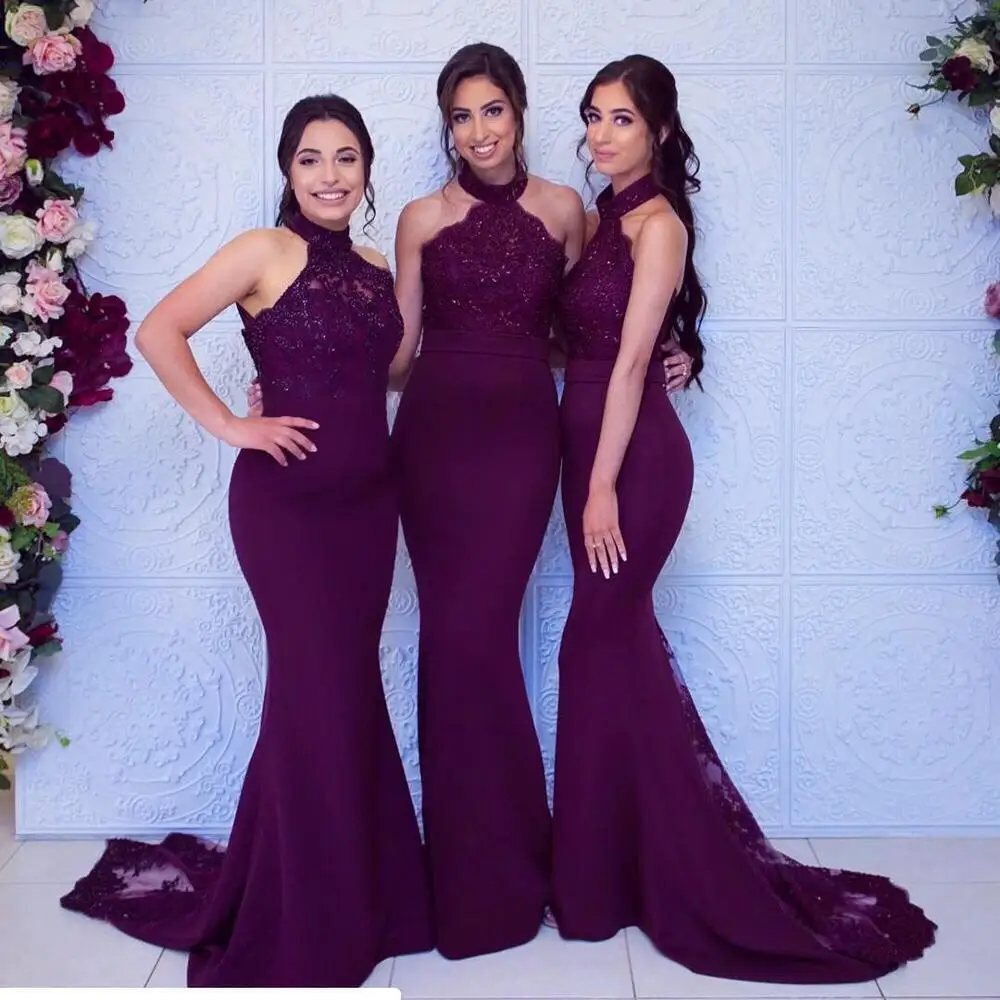 

Robe demoiselle d'honneur Mermaid Lace Bridemaid Dresses Beaded Appliques Halter Backless Prom Dresses Wedding Guest Dress