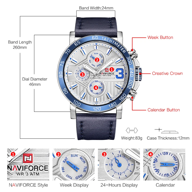 NAVIFORCE 2018 Новая мода Для мужчин s часы Militray Спортивные кварцевые Кожа Дата Неделя 24