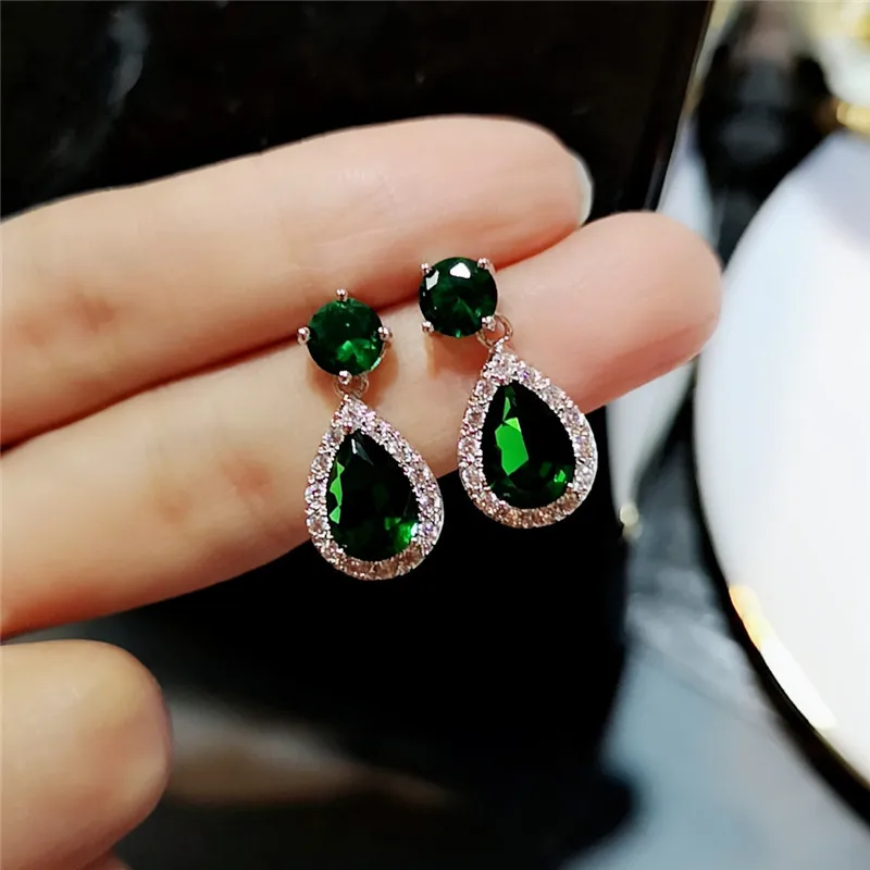 Green Роскошные серьги в форме капли воды AAAAA cz Настоящее серебро 925 пробы, вечерние серьги для женщин, свадебные ювелирные изделия - Окраска металла: Green