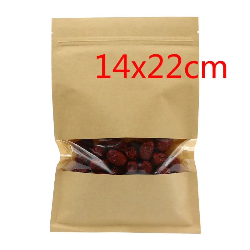 

50Pcs/Lot 5.5''x8.7'' (14x22cm) Brown Kraft Paper Window Resealable Zipper Lock Bag For Food Coffee Nuts Storage Packaging Pouch