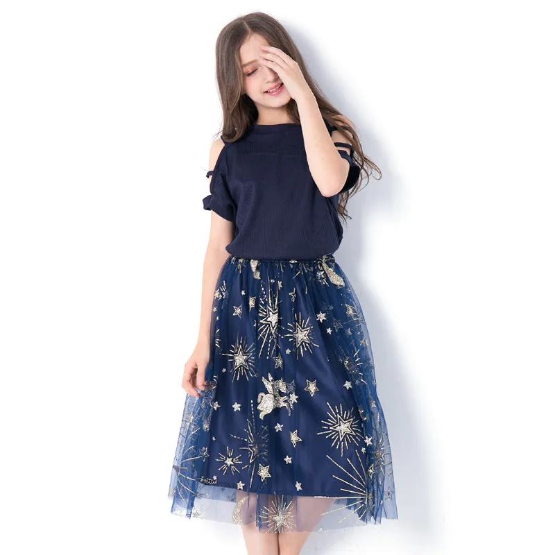 

2019 Summer Girl Sets 2pcs Teenager Girls Tops+Floral Skirt Strapless Shoulder Outfits Clothes Kids Clothes Suits Roupa Infantil