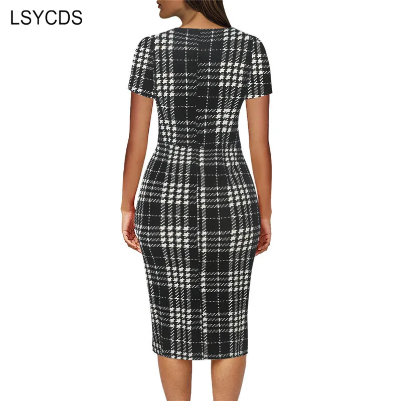 LSYCDS 2020 Summer Bodycon Dresses for Woman Elegant Casual Office Dress Short Sleeve Knee Length Pencil Polka Dot | Женская одежда