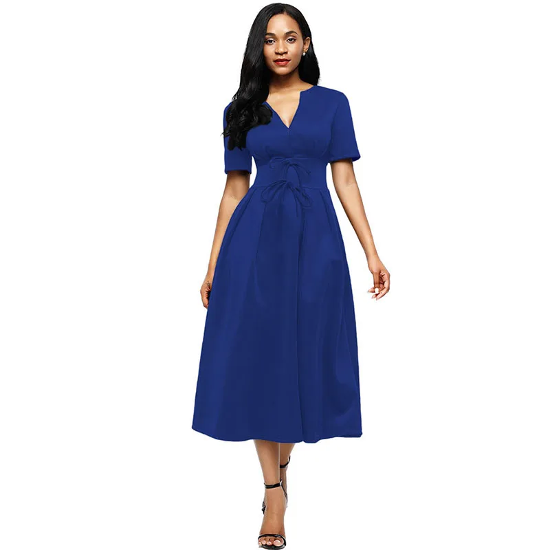 LOVEBATU Brand Ankle Length Dress Splicing Bow Tie Shot Sleeve Dresses | Женская одежда
