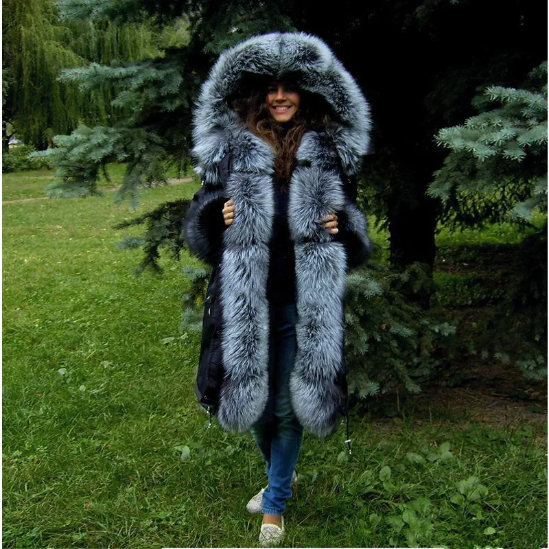 FURSARCAR Women's Winter Real Fur Parka Natural Silver Fox Fur Lining Inside Hood Fashion Luxurious Black Fur Jacket Parkas