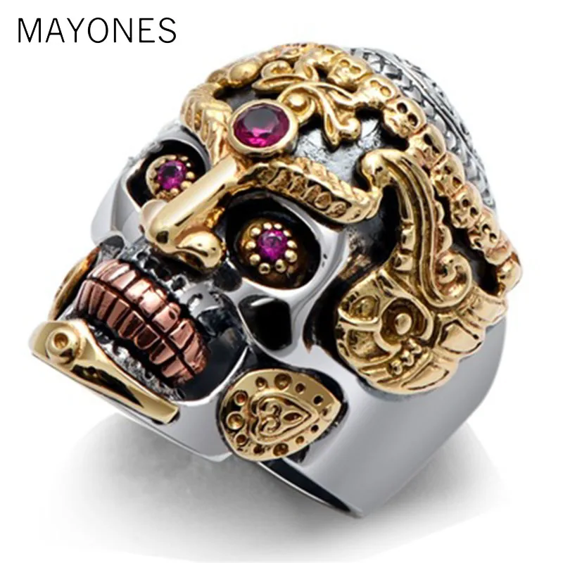 

Punk Rock Domineering Skull Rings Set In Red Corundum Solid 925 Sterling Silver Ring for Men Vintage Thai Silver Jewelry