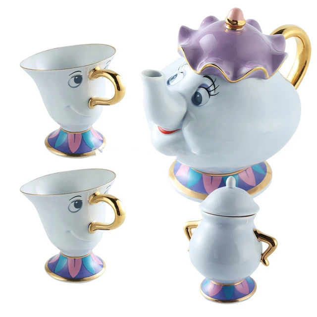 Красота и чудовище чайный горшок Набор чашек Mrs Potts Chip сахарница подарок 18K