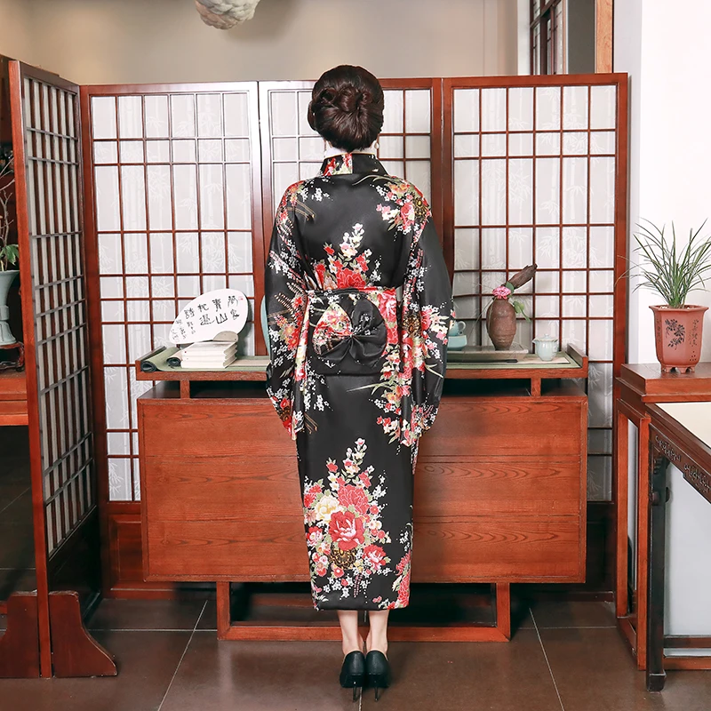 Loose Dress Japanese Style Print Yukata With Obi Black Stage Performance Clothing Sexy Women Satin Kimono Bathrobe Gown | Тематическая
