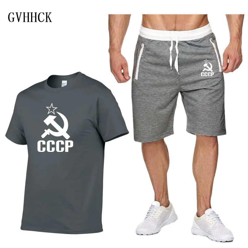 Костюм мужской с принтом СССР хлопок футболка и шорты повседневный комплект