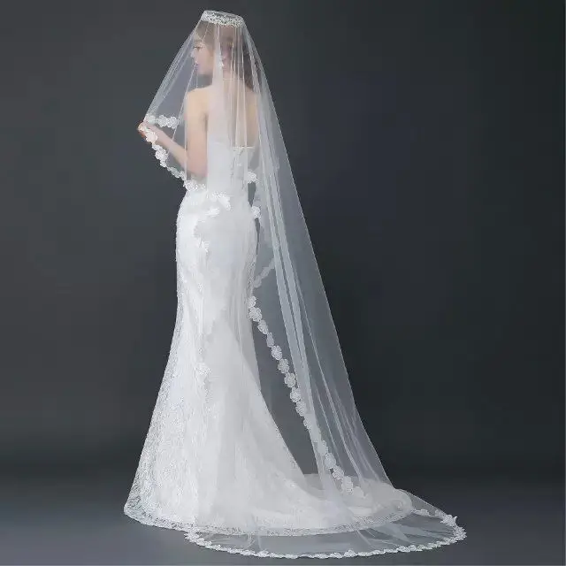 New white lace long bride wedding gauze lace head yarn wedding veils long bridal accessories