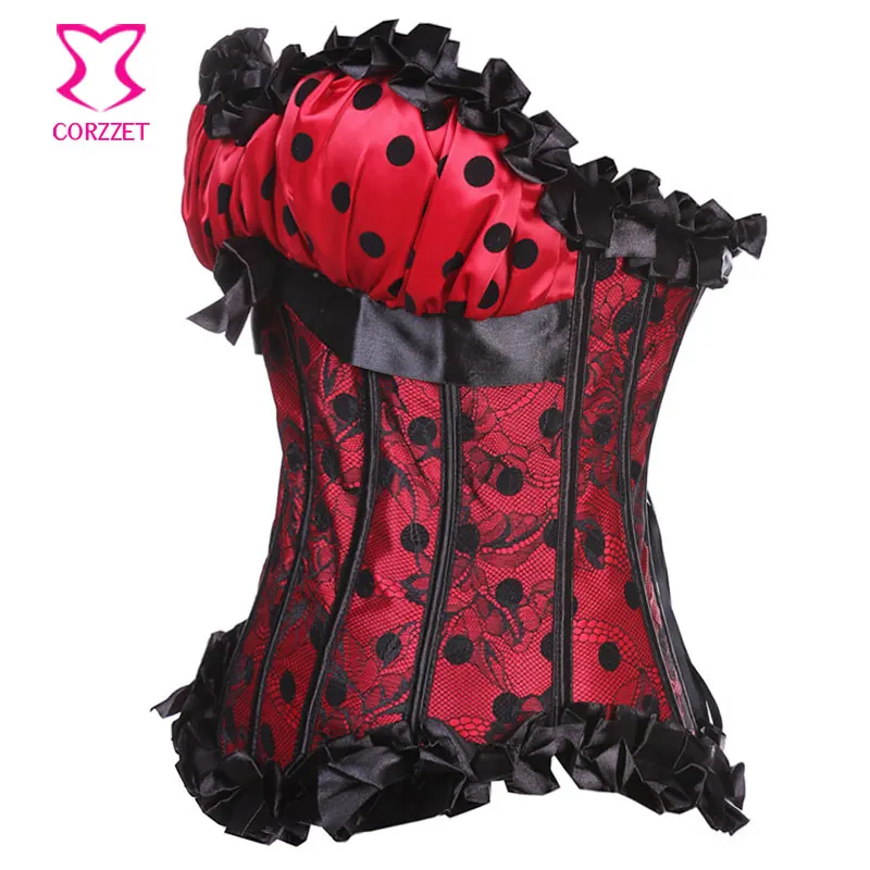 Женский корсет в горошек красный и черный с кружевом божья коровка пуш ап на